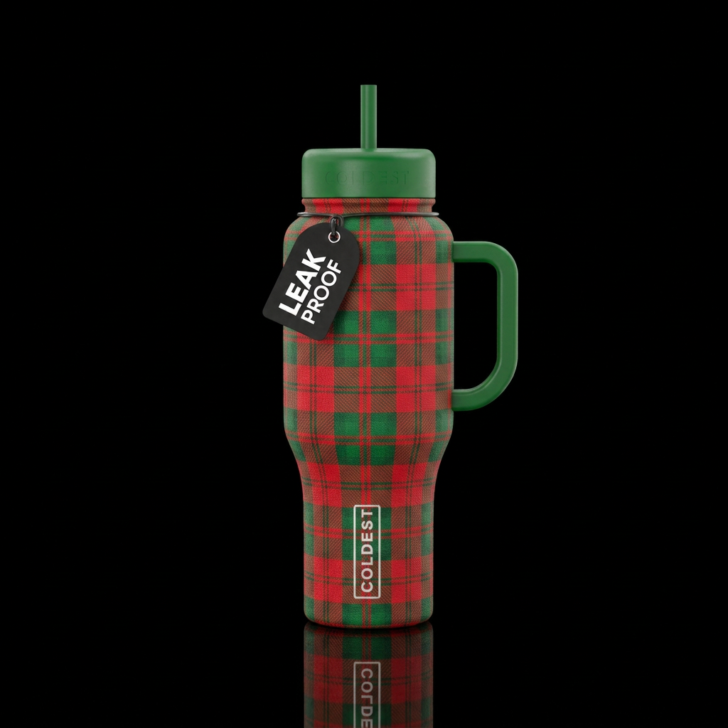 Red and green plaid water bottle design