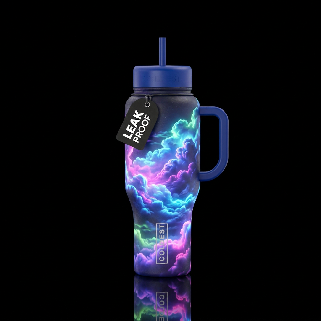 Majestic clouds in neon glow in the dark water bottle design
