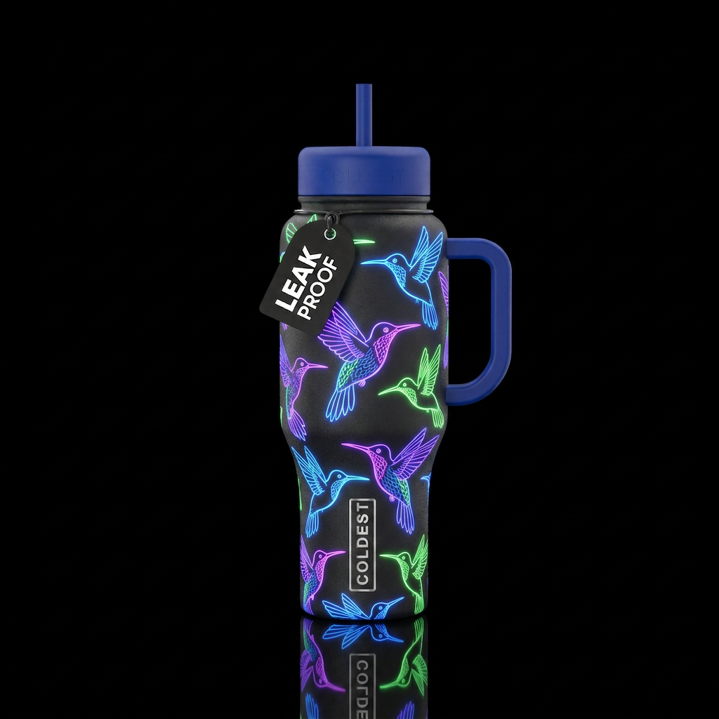 Neon glow in the dark hummingbirds water bottle design