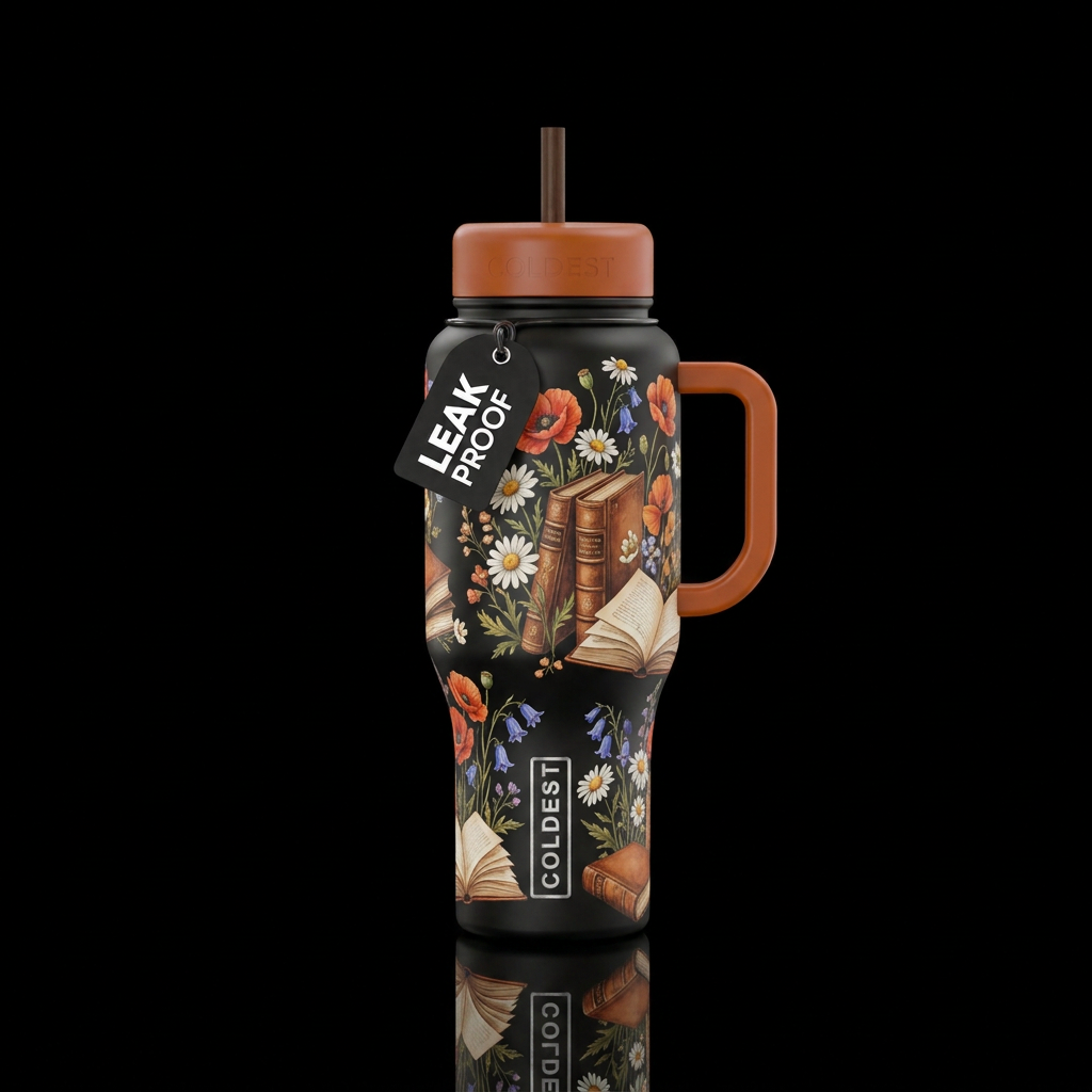 Books and wildflowers water bottle design