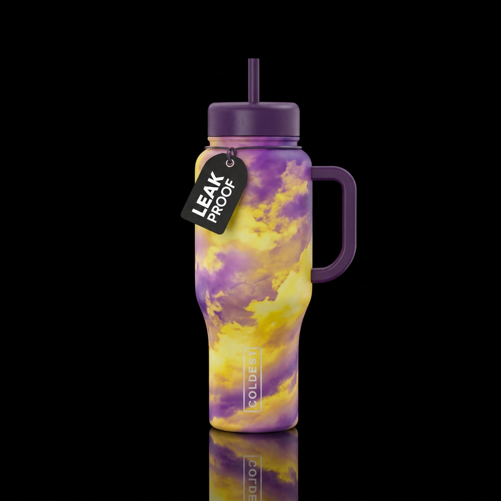 Yellow and purple skies water bottle design
