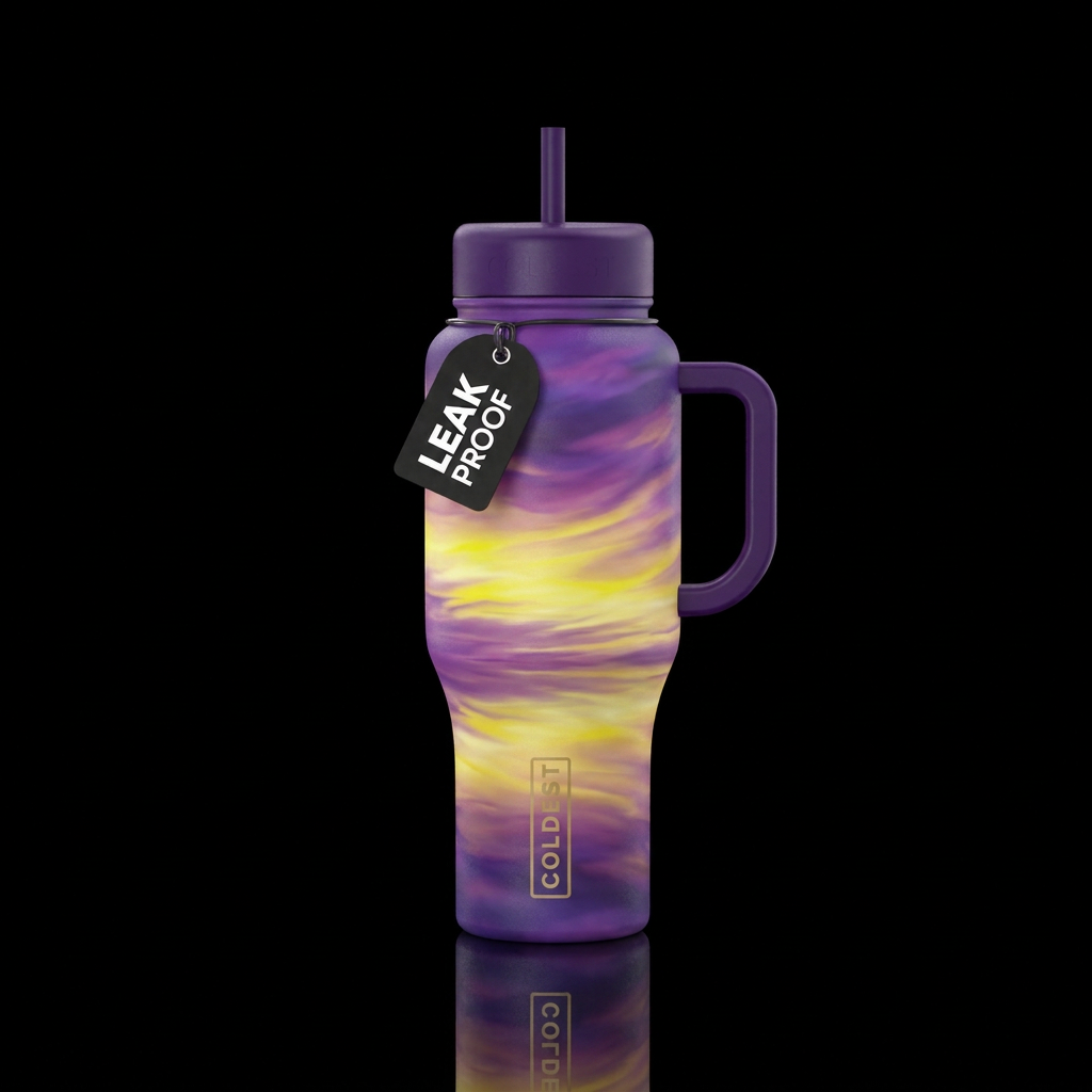 Yellow and purple skies water bottle design