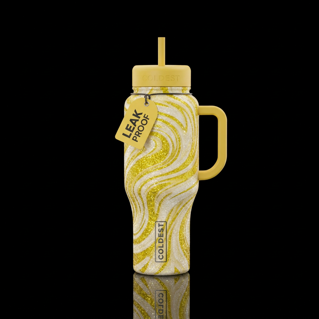 Ivory and yellow glitter swirls water bottle design
