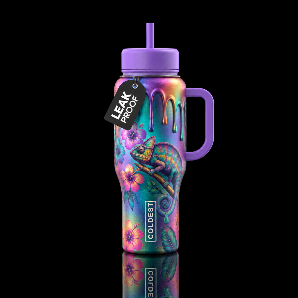 bohemian, chameleon, happy mood, dripping water bottle design