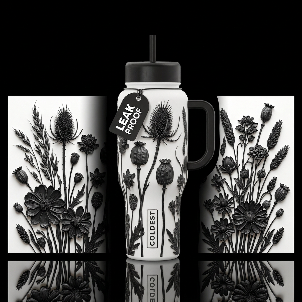 black dried flowers the use of texture to highligh... water bottle design