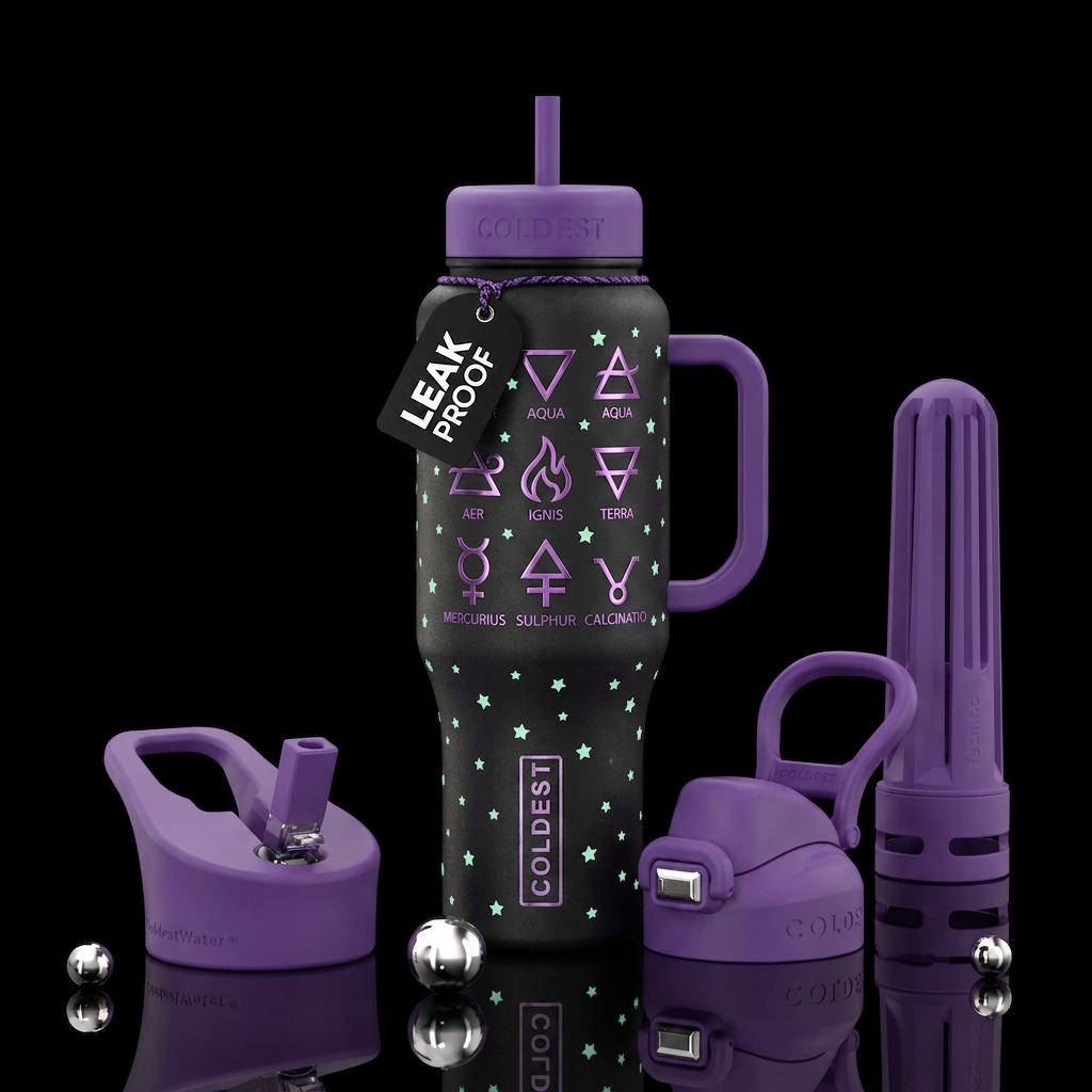 Matt black bottle with tiny glow in dark stars sca... water bottle design