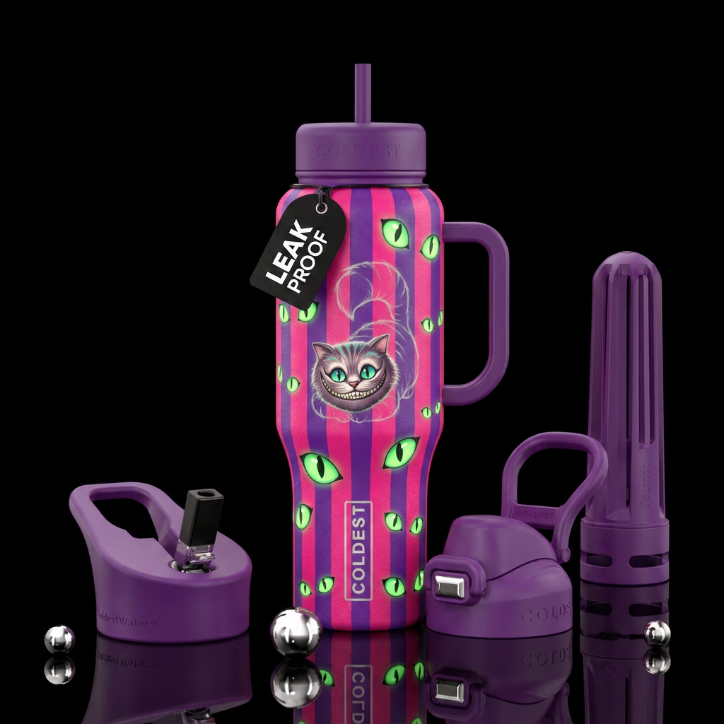 Bright pink and purple stripes with glow in the da... water bottle design