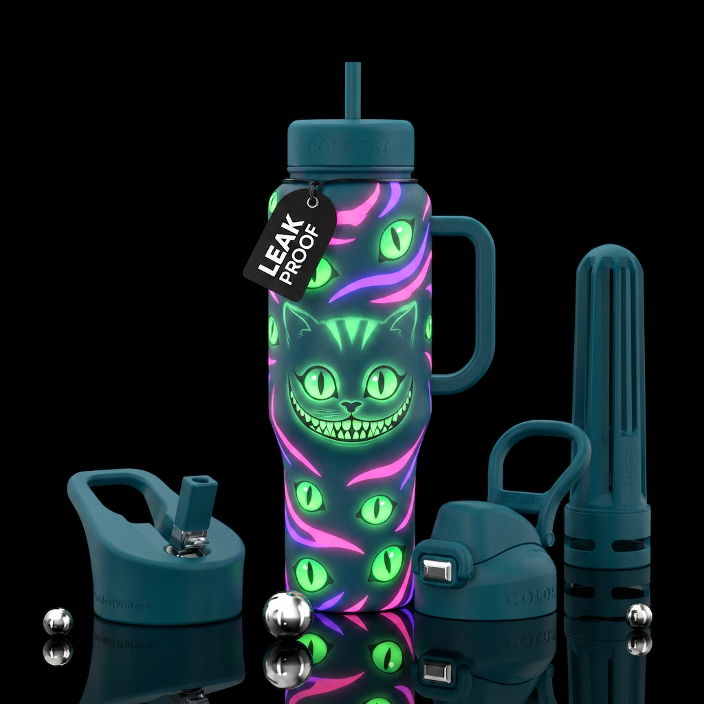 Bright pink and purple stripes with glow in the da... water bottle design