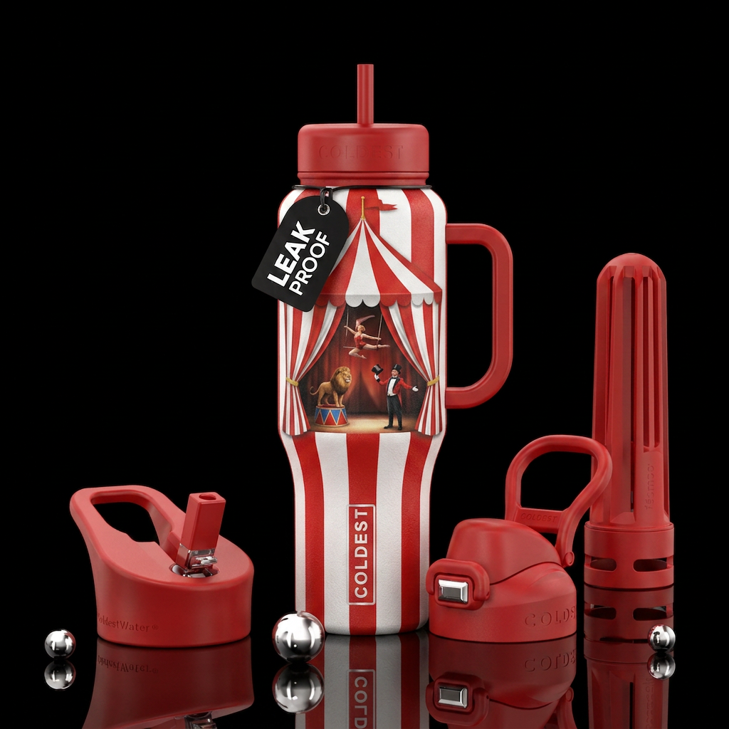 Bottle with red lid and handle, red and white stri... water bottle design