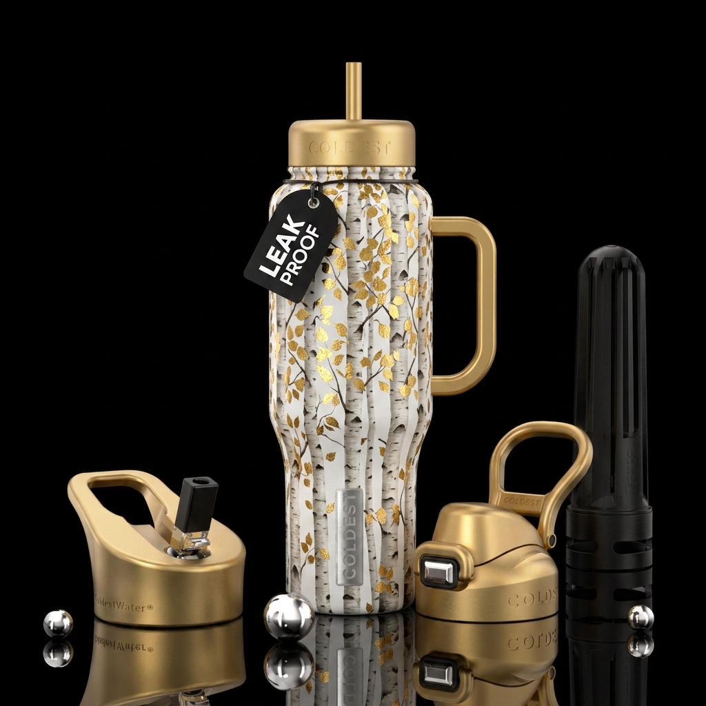realism, birch trees, gold leaves water bottle design