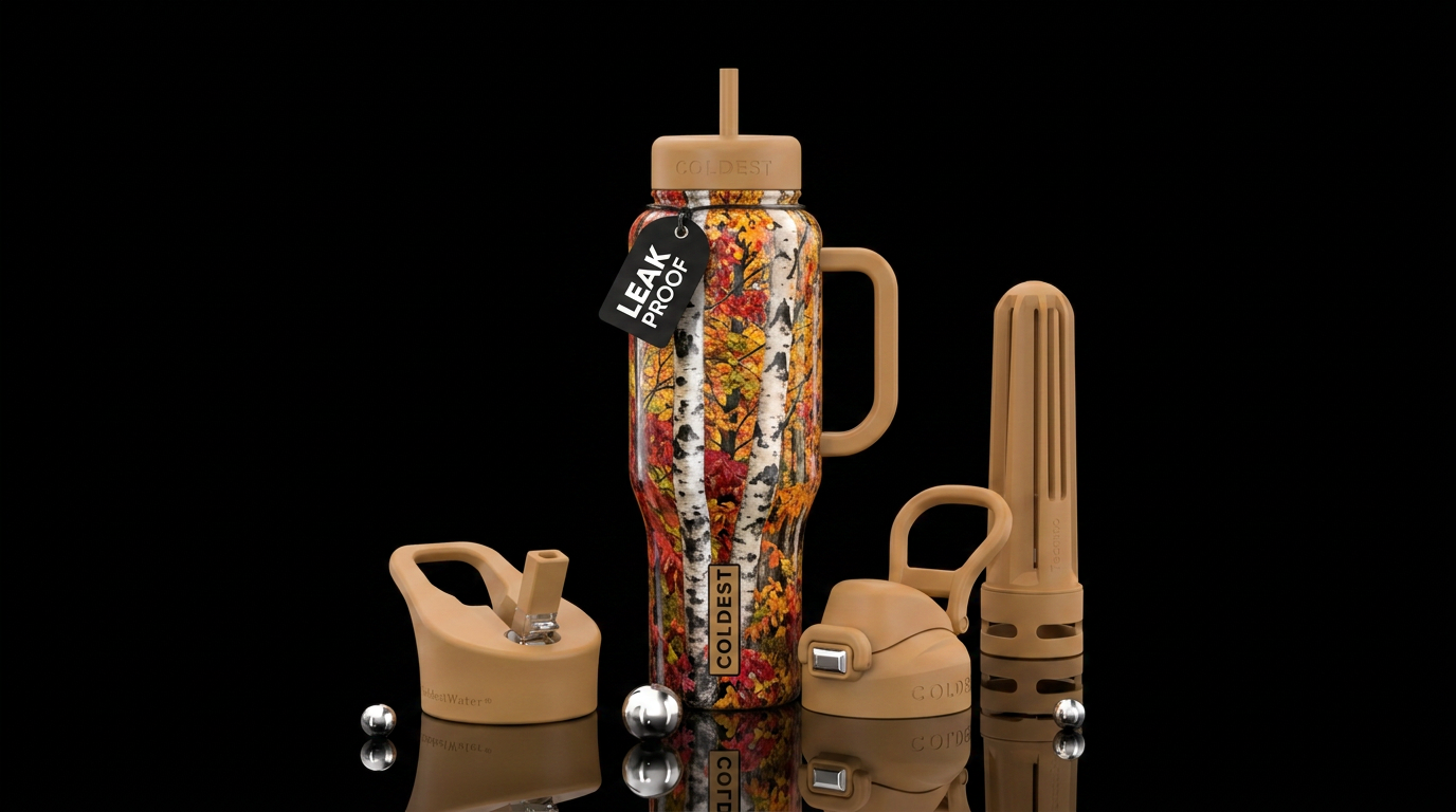 Tan handle and lid, realism, birch trees, fall col... water bottle design