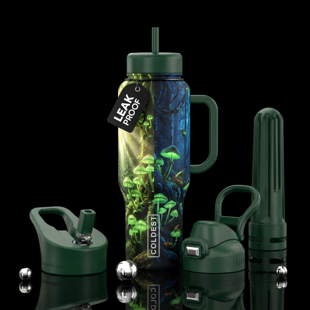 Same rainforest scene including mycena chlorophos ... water bottle design
