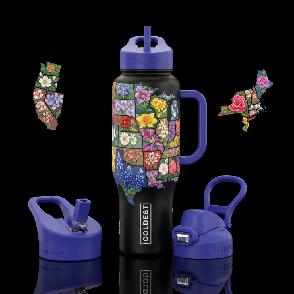 State flower shaped like the state it represents i... water bottle design
