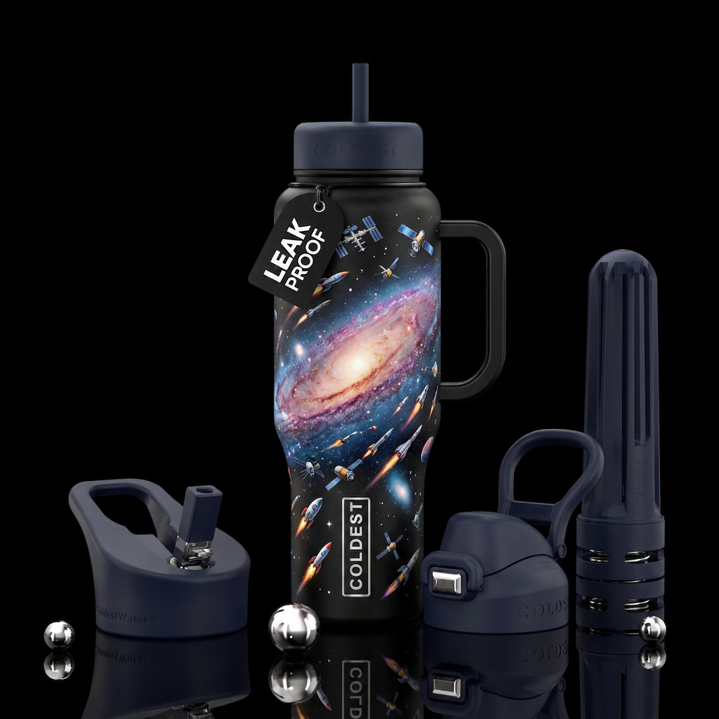 Black bottle with very dark blue handle and lids, ... water bottle design