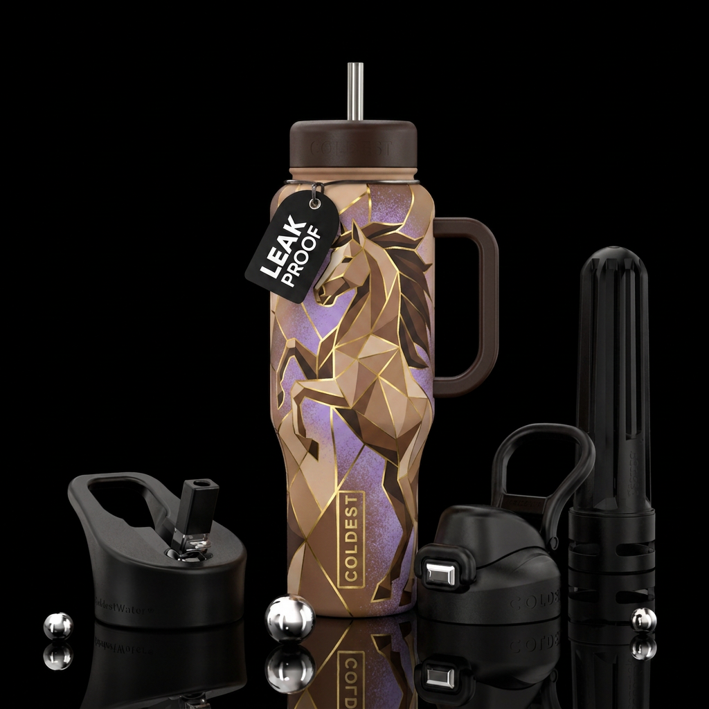 Horse rearing up in cubist style, gold lines betwe... water bottle design