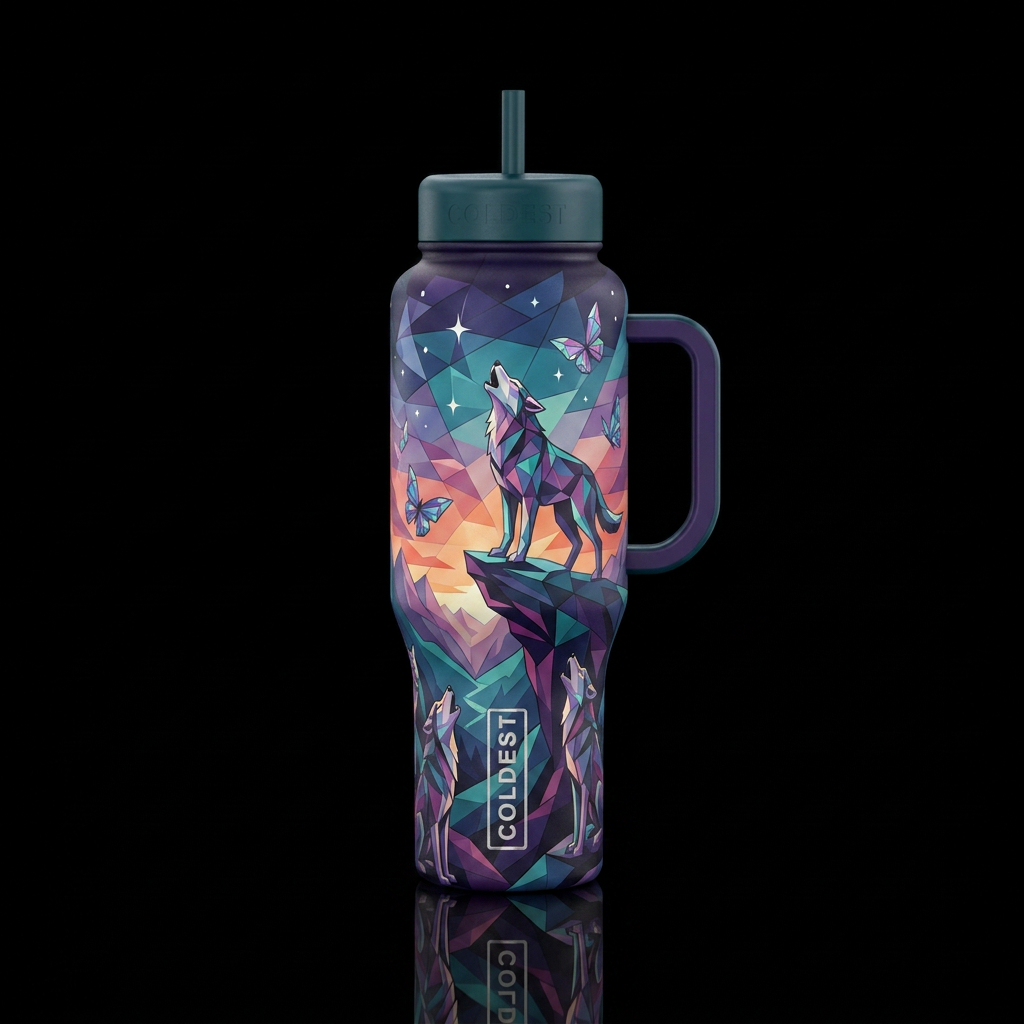 In cubist style howling wolf on a cliff above a va... water bottle design
