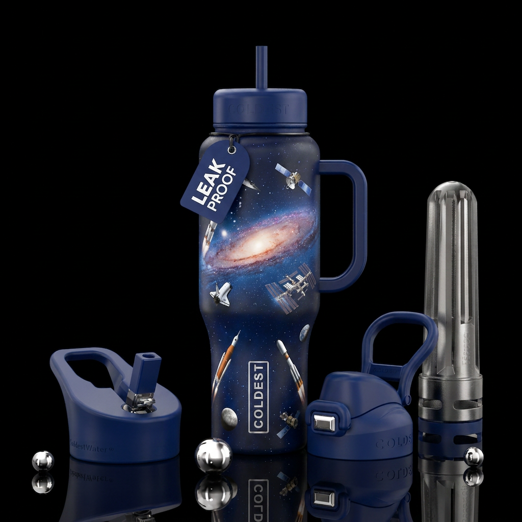 Dark blue bottle with dark blue handle and lids, s... water bottle design