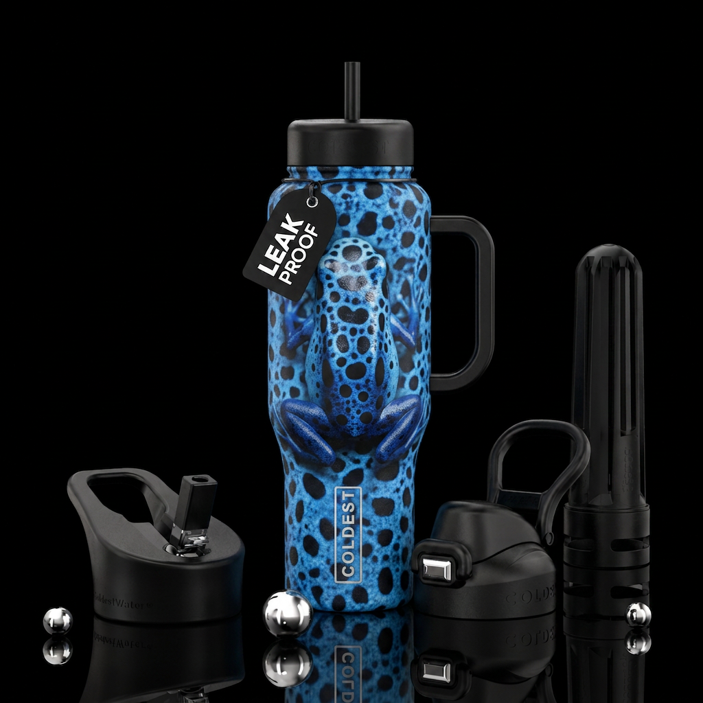 A realistic photograph of the back of a poison blu... water bottle design