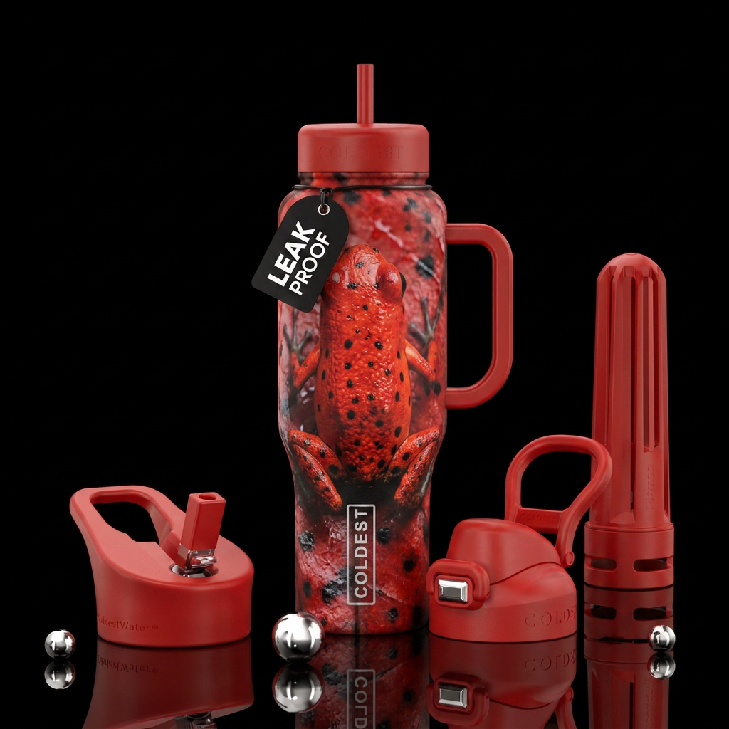 A realistic photograph of the back of a strawberry... water bottle design