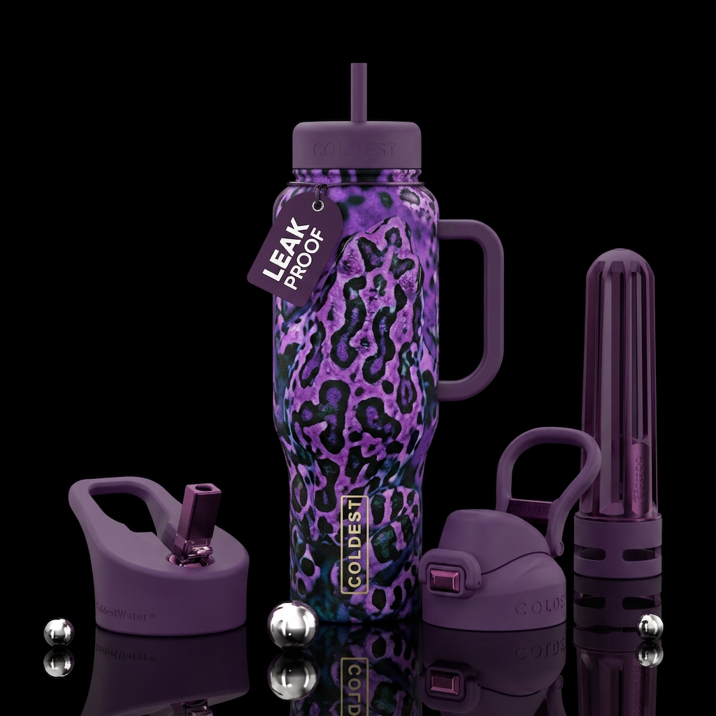 A bottle covered in colors and patterns that are o... water bottle design