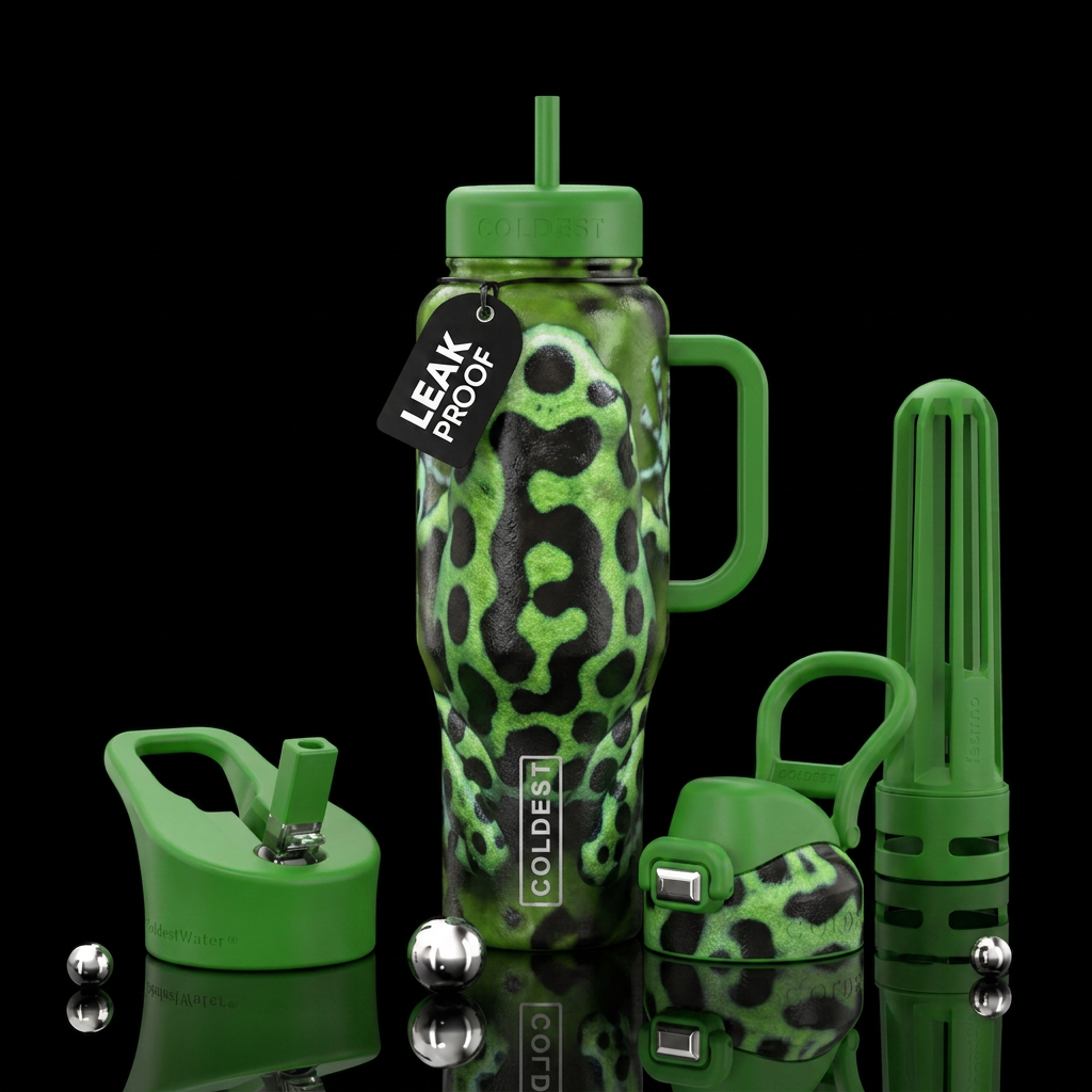 A bottle covered in colors and patterns that are o... water bottle design