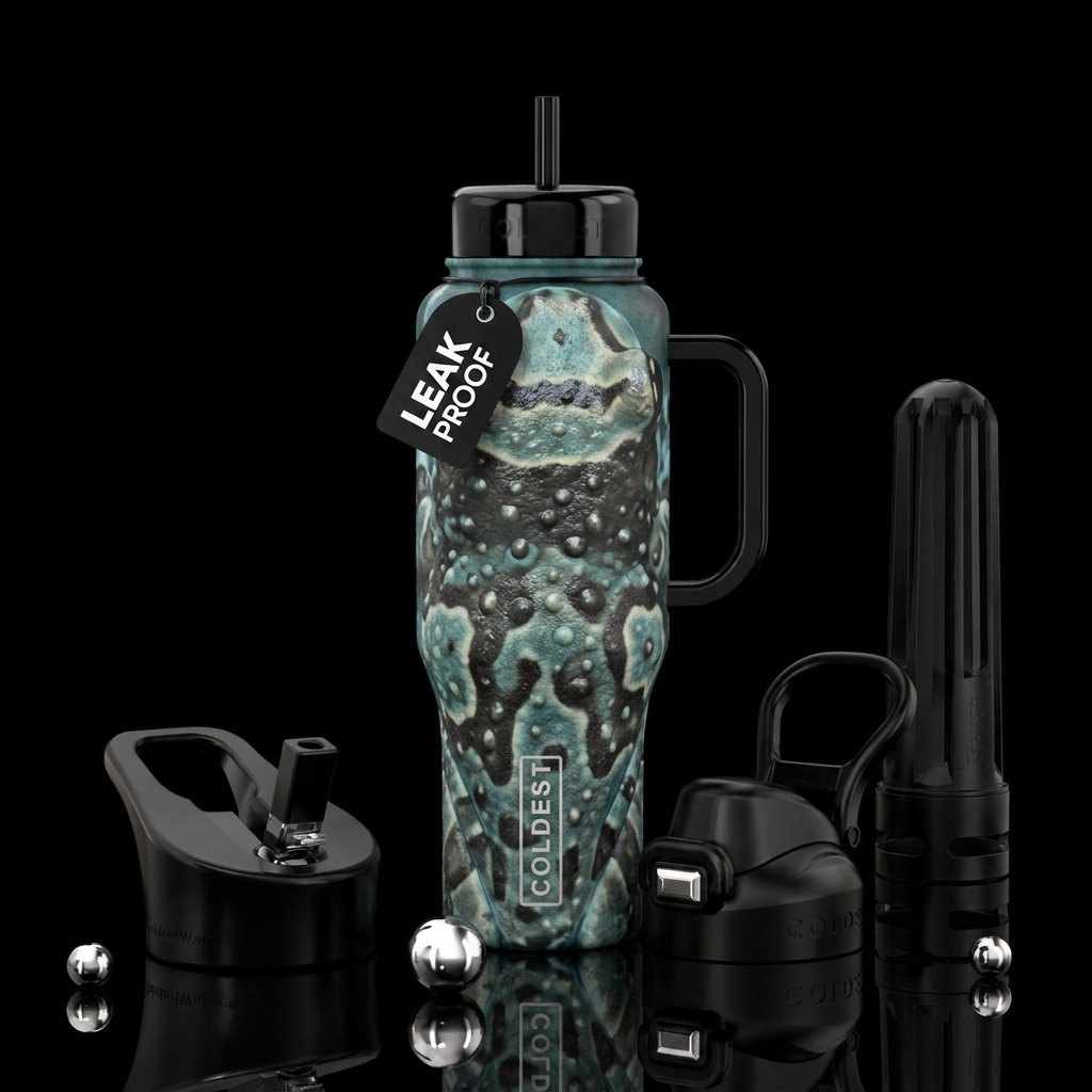 A bottle covered in blues and grays and black colo... water bottle design