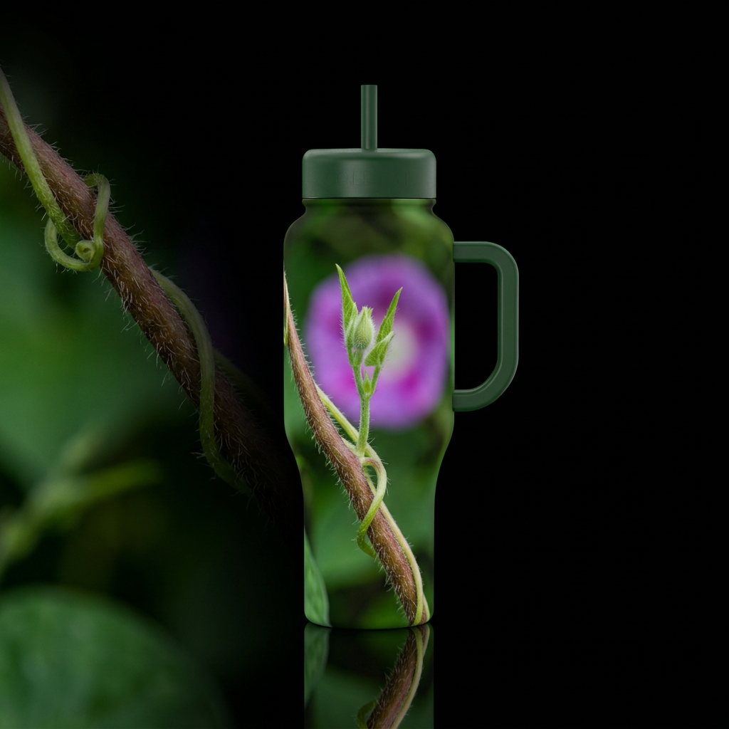 A highly realistic macro photograph of a delicate ... water bottle design