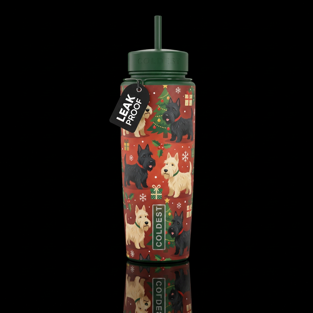 Christmas background with black & wheaten Scottish... water bottle design