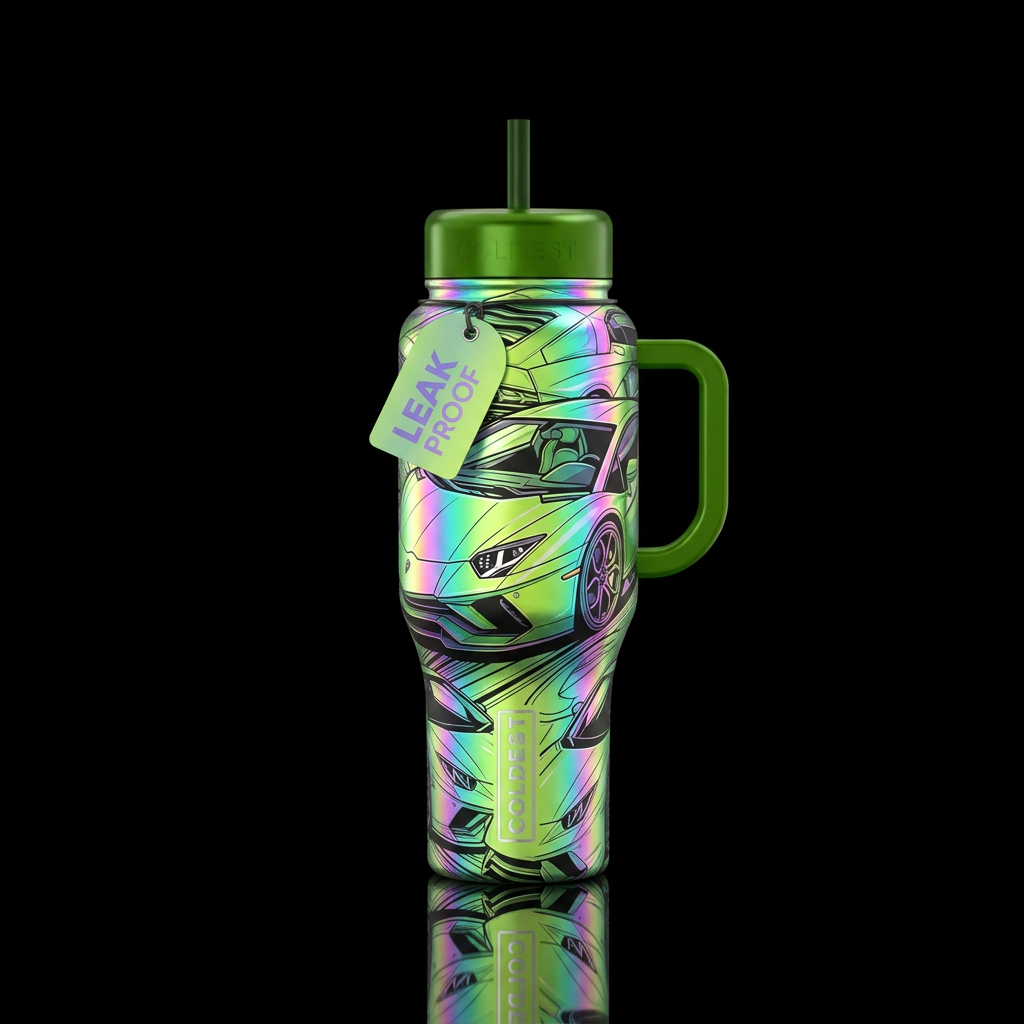 lime green lamborghini, irridescent water bottle design