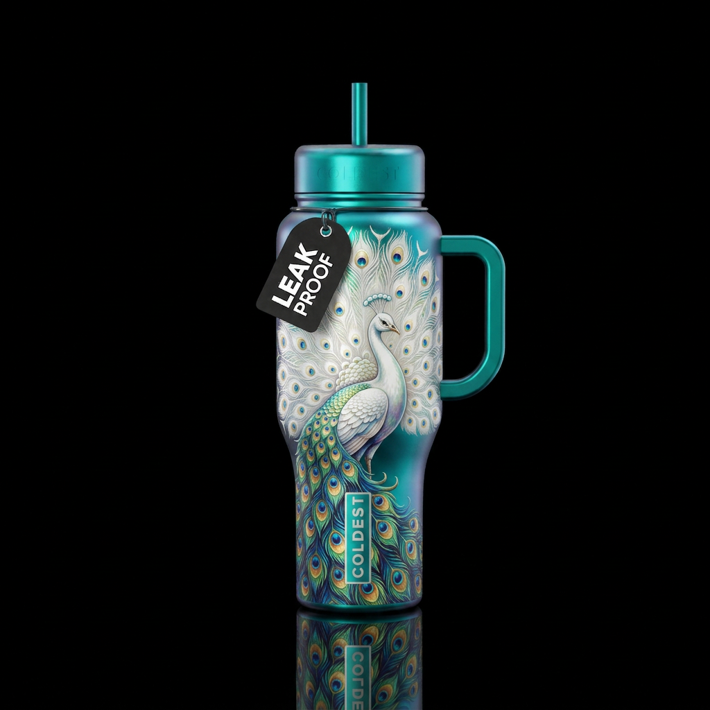 white peacock with tail spread, irridescent water bottle design