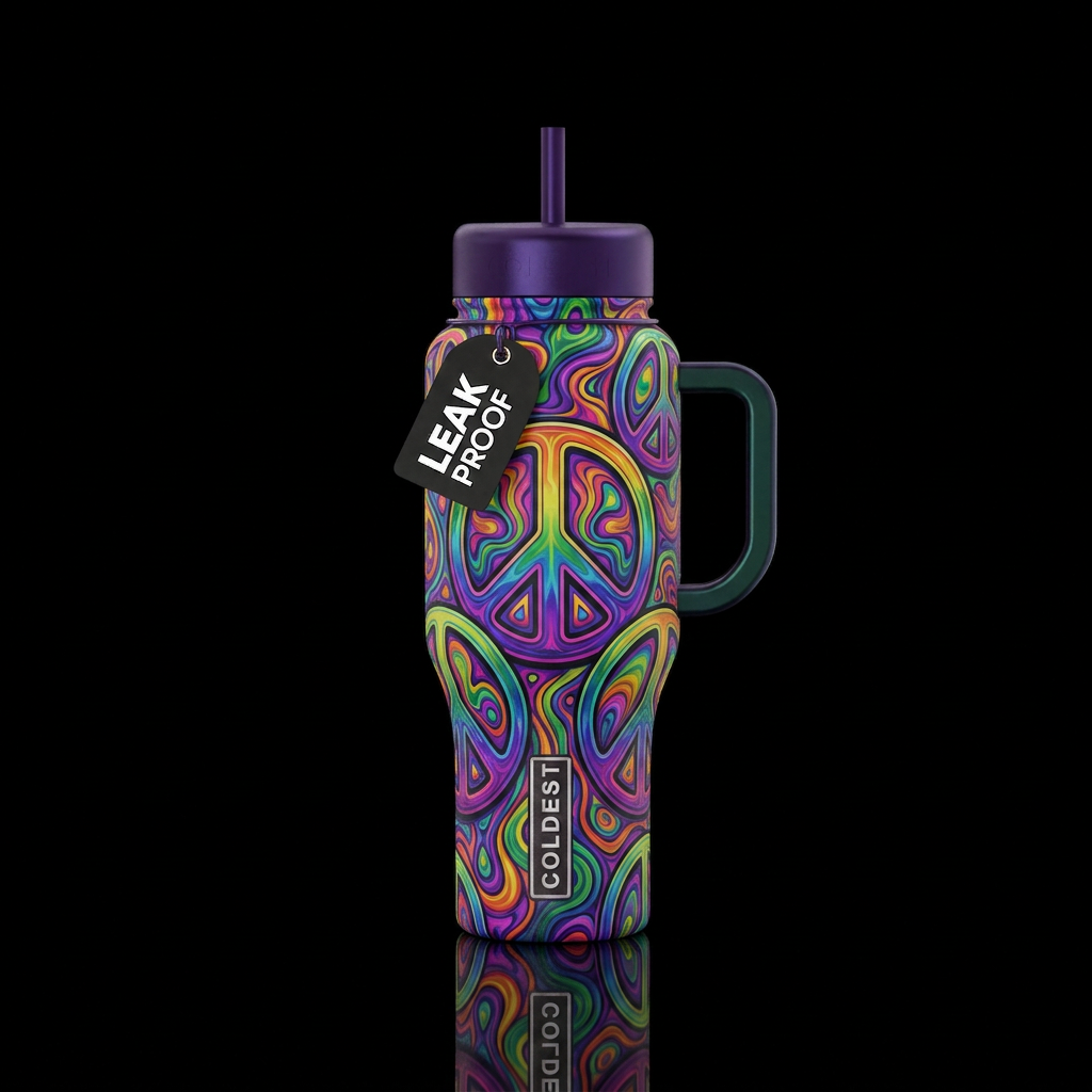 peace symbols with trippy background, vibrant water bottle design