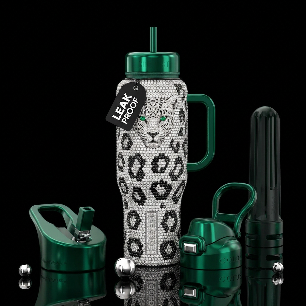 Leopard made out of diamonds with black diamonds f... water bottle design