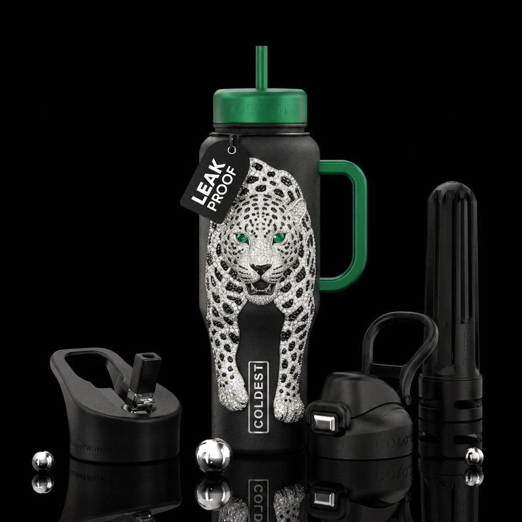 Leopard made out of diamonds with black diamonds f... water bottle design