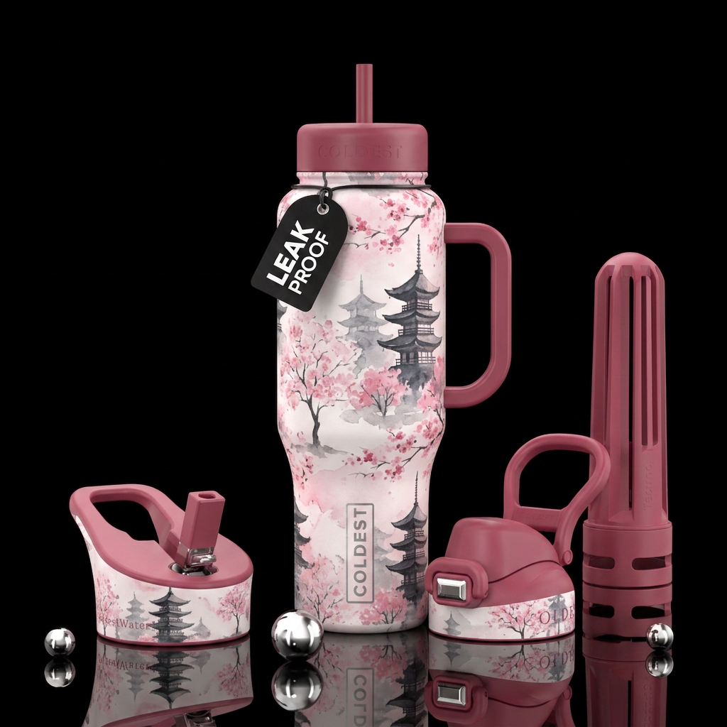 Japanese water color with cherry blossoms pagodasi... water bottle design
