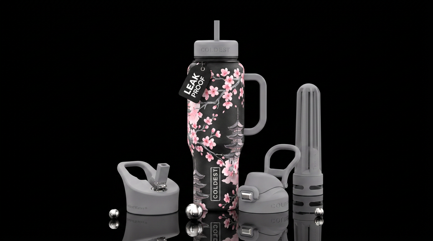 Japanese water color with cherry blossoms pagodasi... water bottle design