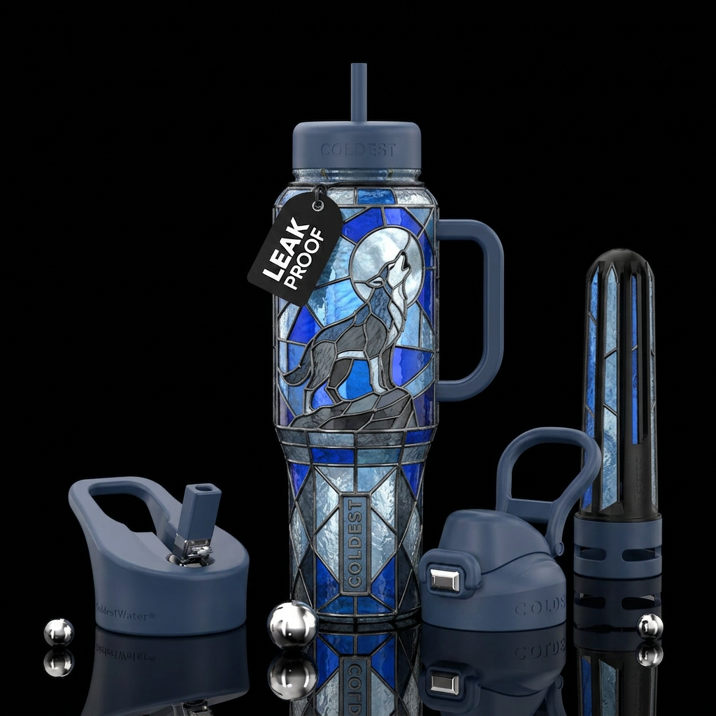 Stained glass wolf in blues and greys water bottle design