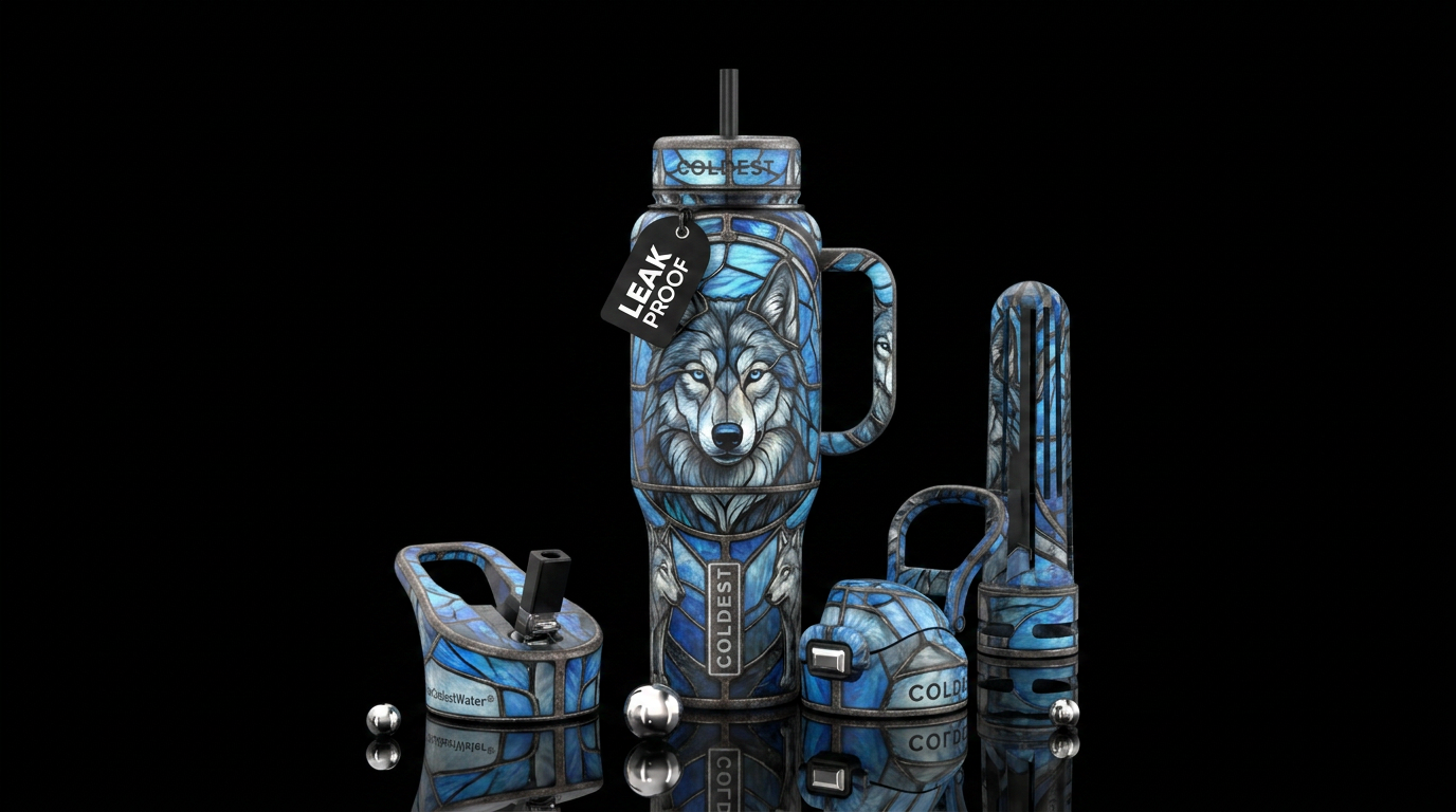 Stained glass wolf in blues and greys water bottle design