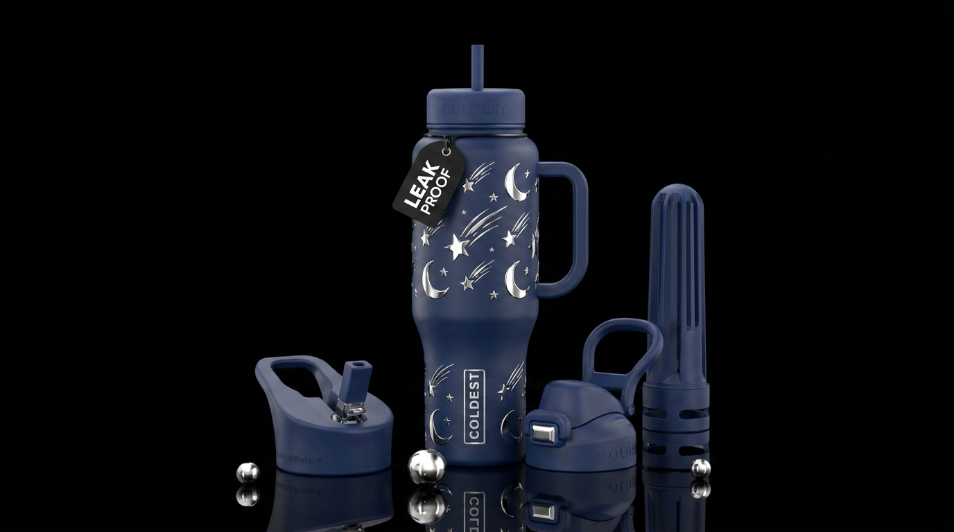 Shooting stars and moons in chome on dark blue bac... water bottle design
