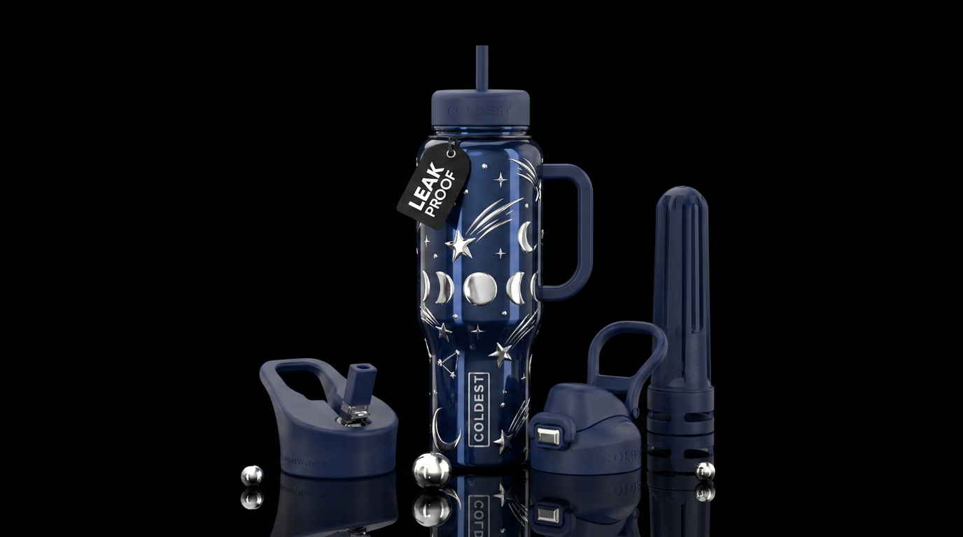 Shooting stars and moons in chome on dark blue bac... water bottle design