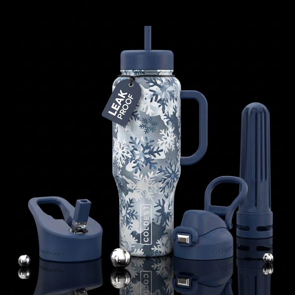 Camouflage snowflakes in white blues and greys water bottle design
