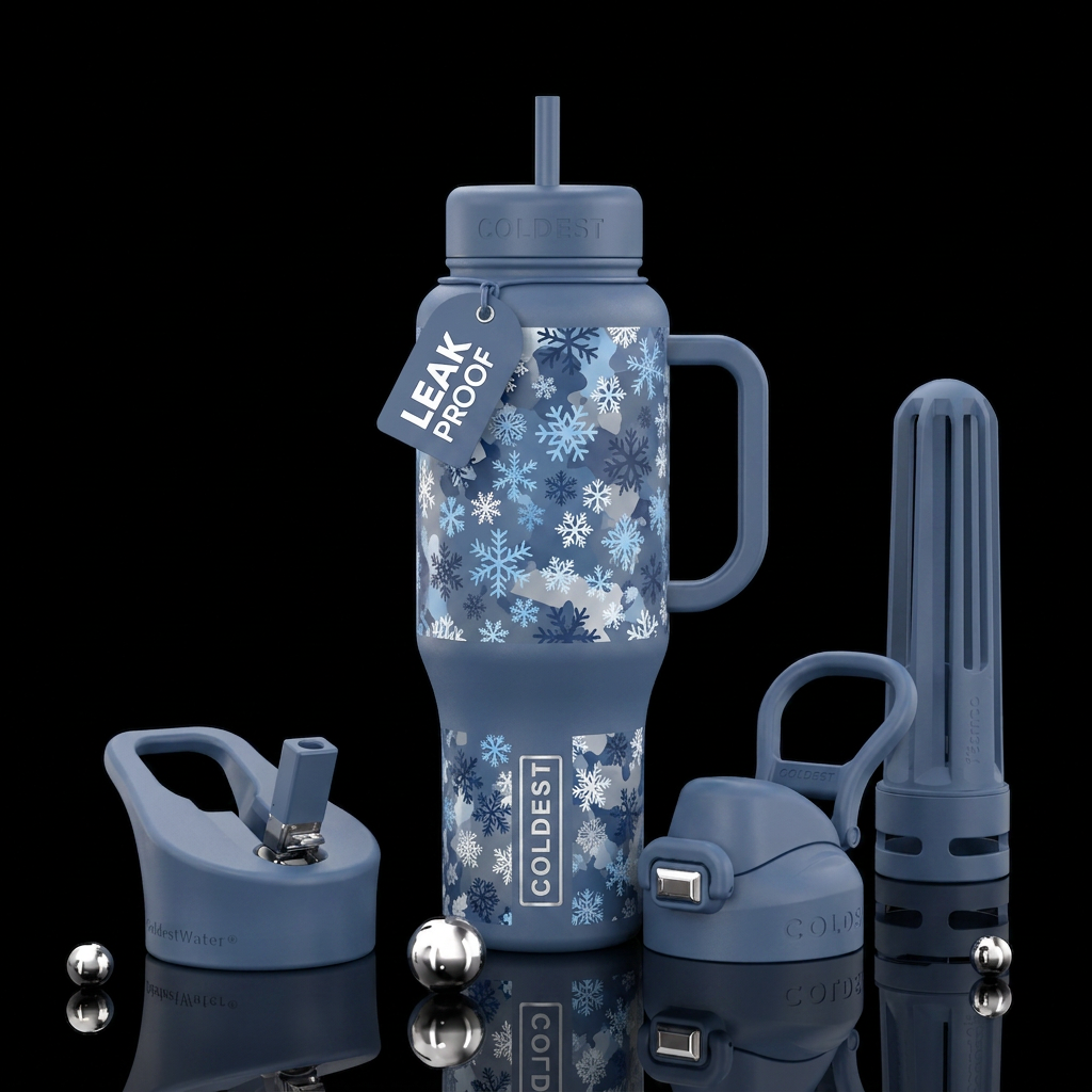 Camouflage snowflakes in white blues and greys water bottle design