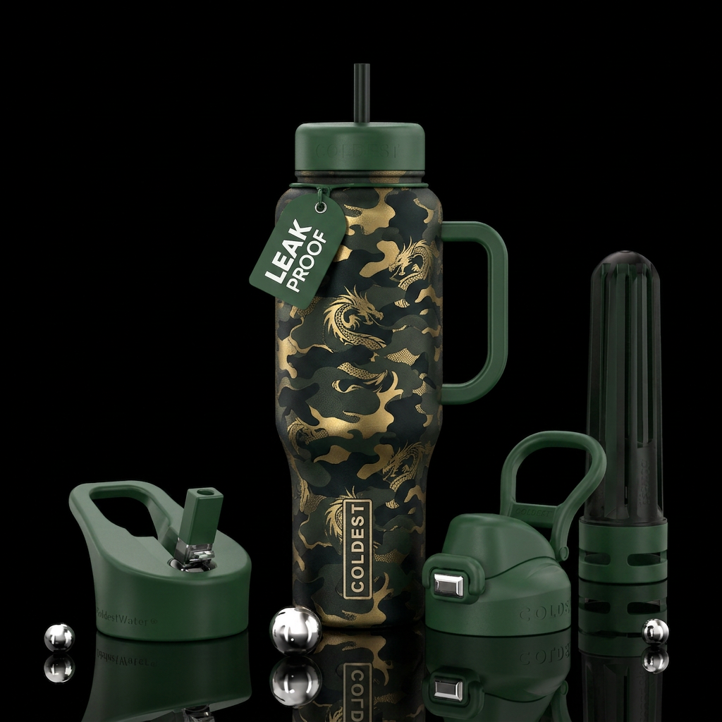 Camouflage dragons in black dark greens and gold water bottle design