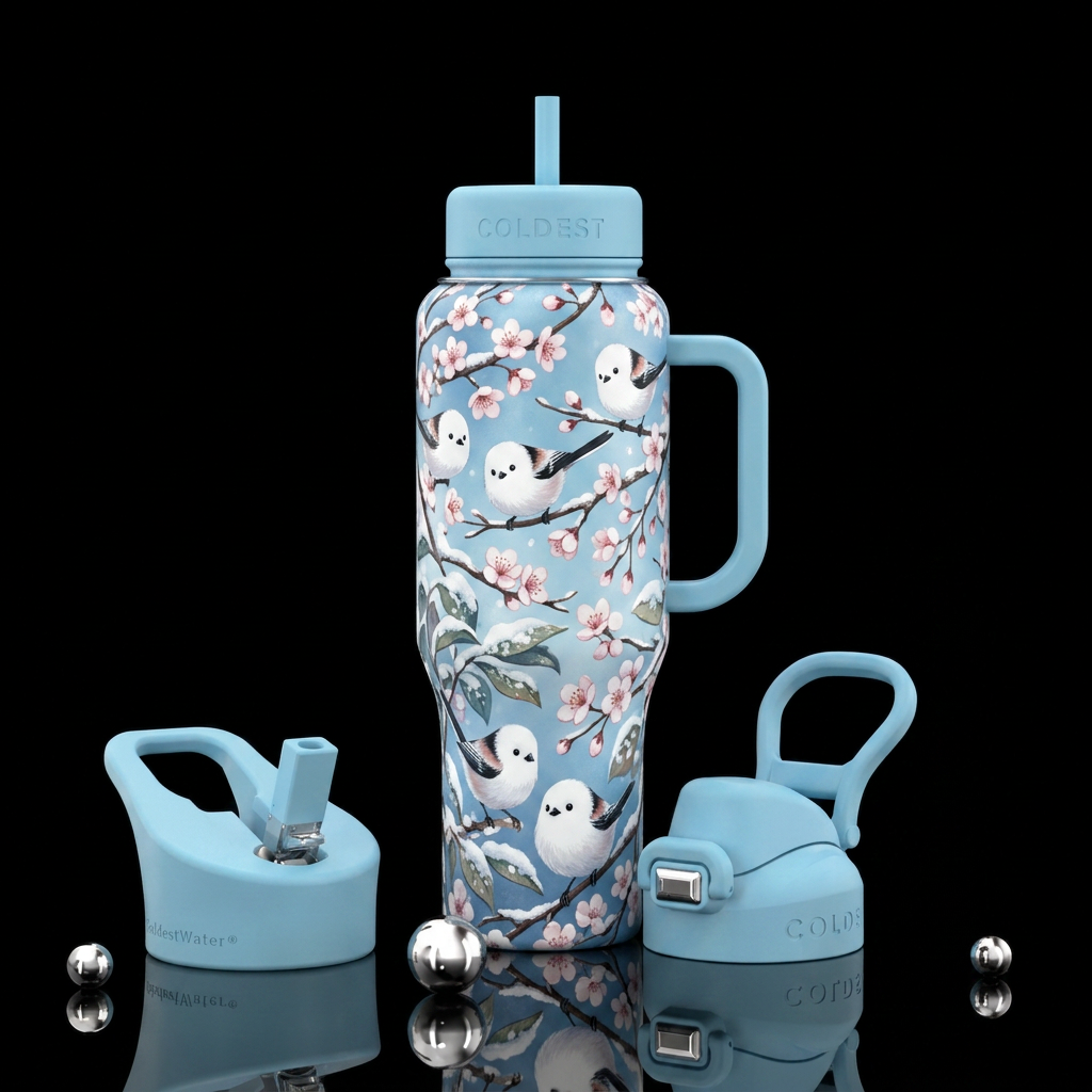 Japanese snow fairy birds water bottle design
