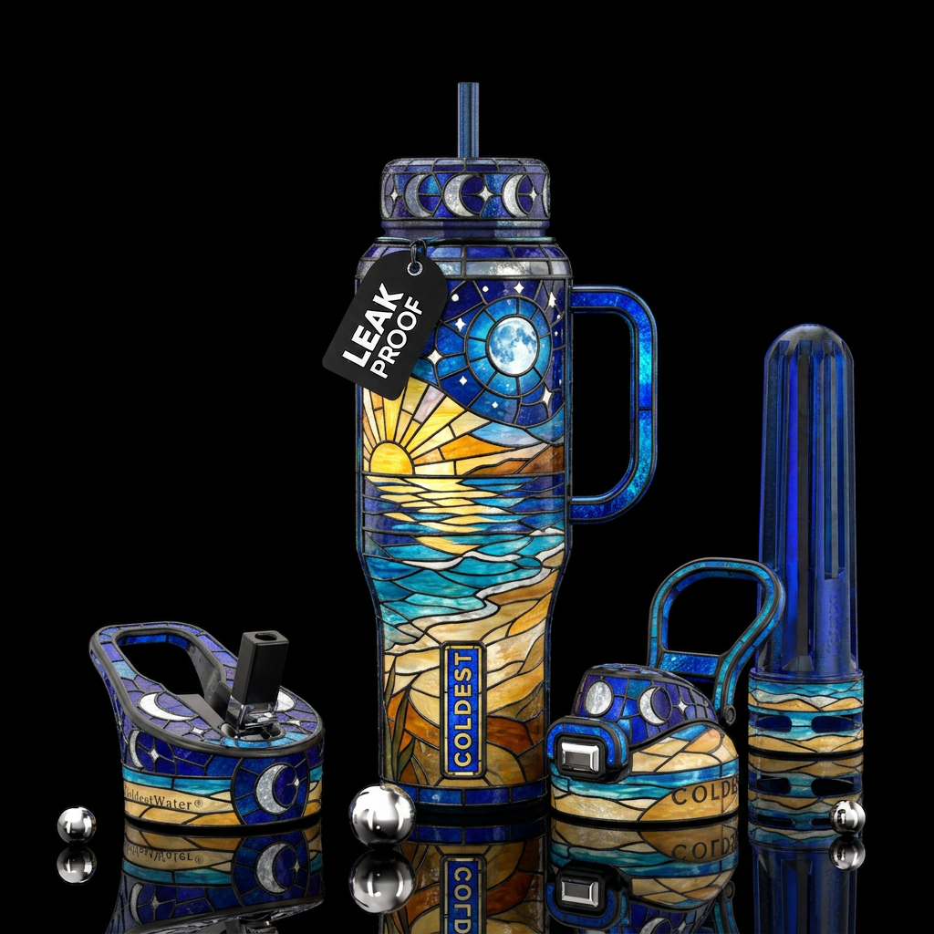 Stained glass, moonlight and stars over beach water bottle design