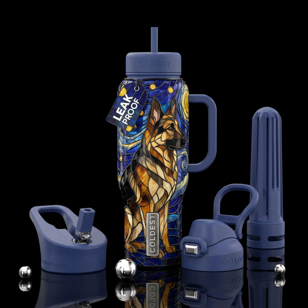 Stained glass German Shepherd with starry nights b... water bottle design