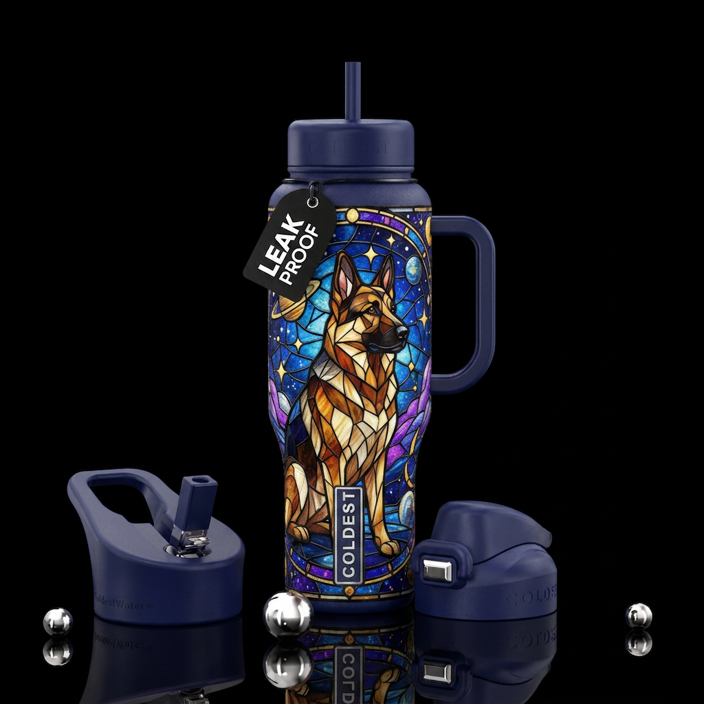 Stained glass German Shepherd with starry nights b... water bottle design