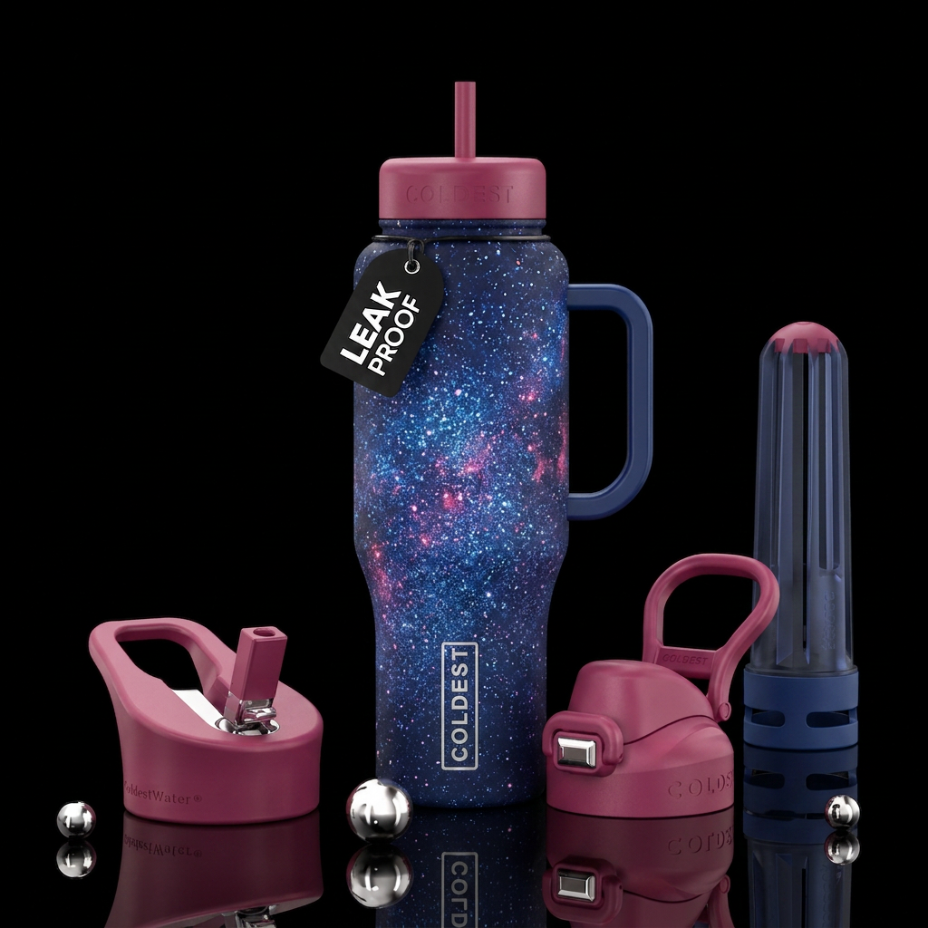 Stardust on a dark background with blues and pinks water bottle design