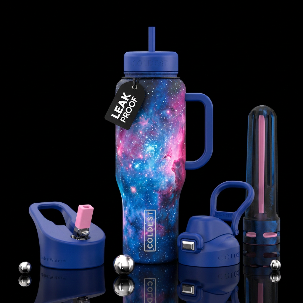 Stardust on a dark background with blues and pinks water bottle design