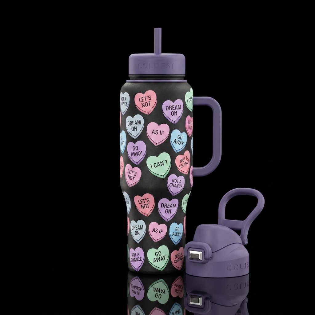 Anti valentines day conversation hearts on dark ba... water bottle design