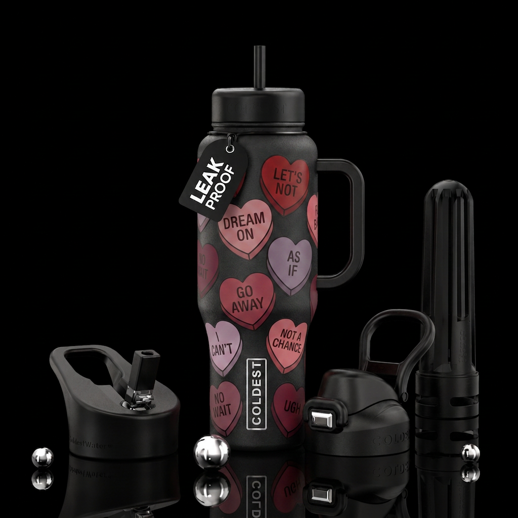 Anti valentines day conversation hearts on dark ba... water bottle design
